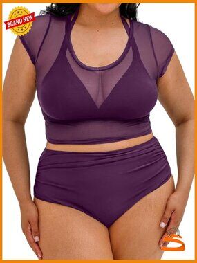 Plus Size 3-Piece High Waisted Bikini Set Halter Ruched Tummy Control